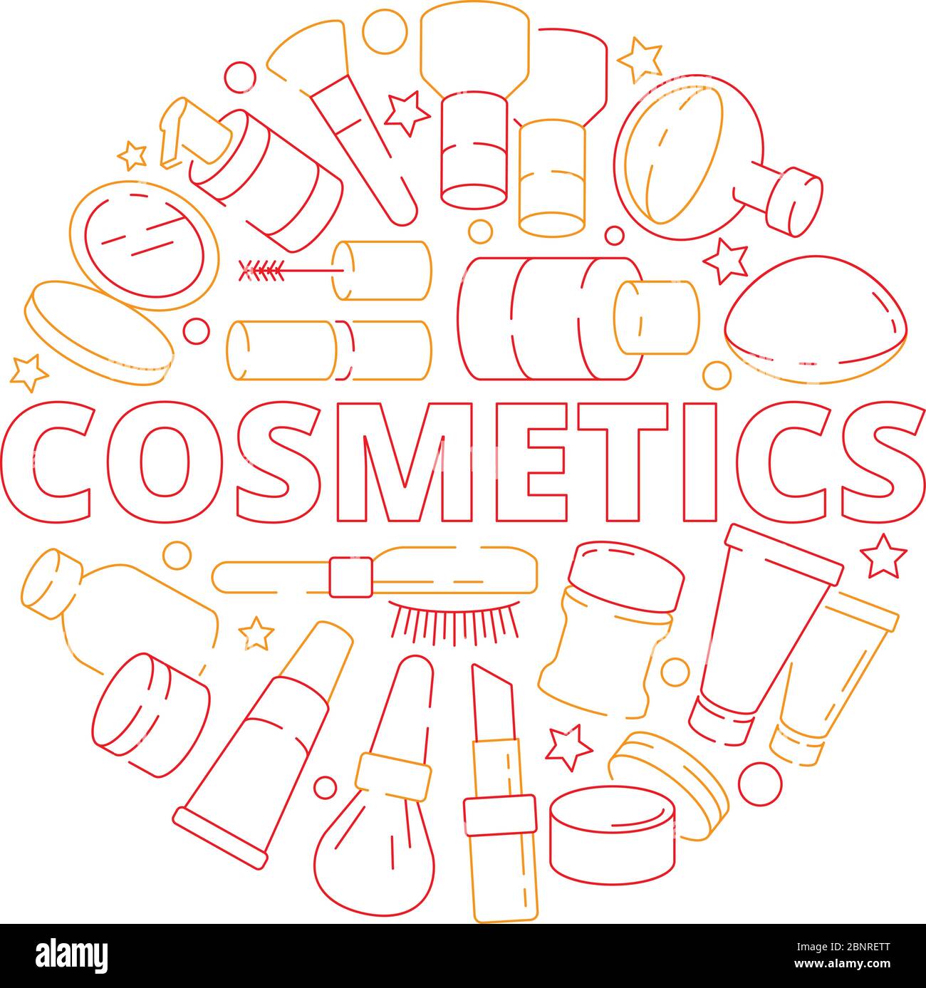 Makeup symbols. Beauty woman cosmetic items in circle shape eyeshadow lipstick cream nail polish vector design concept Stock Vector