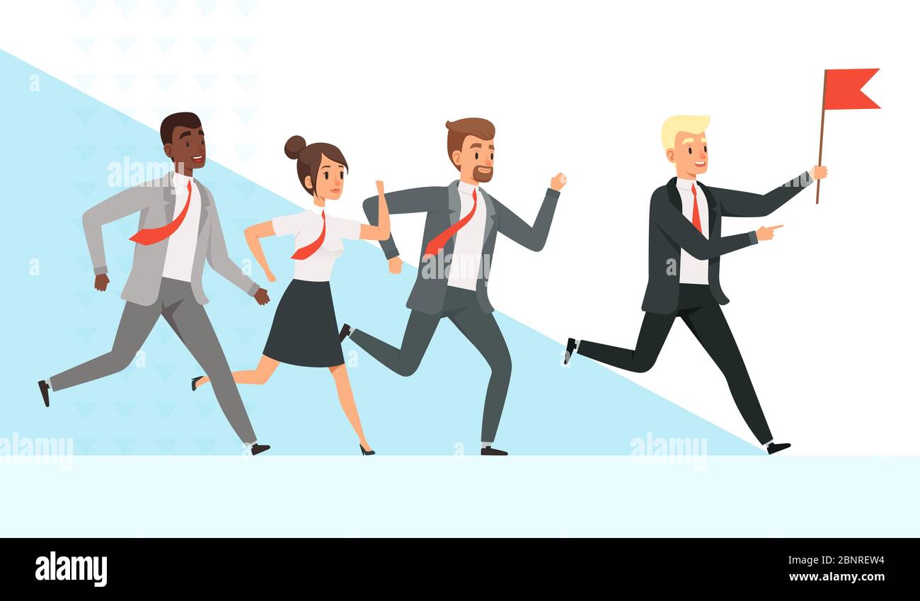 Business people running. Workers managers male female goes with their mentor leader director red flag hand leadership vector concept Stock Vector