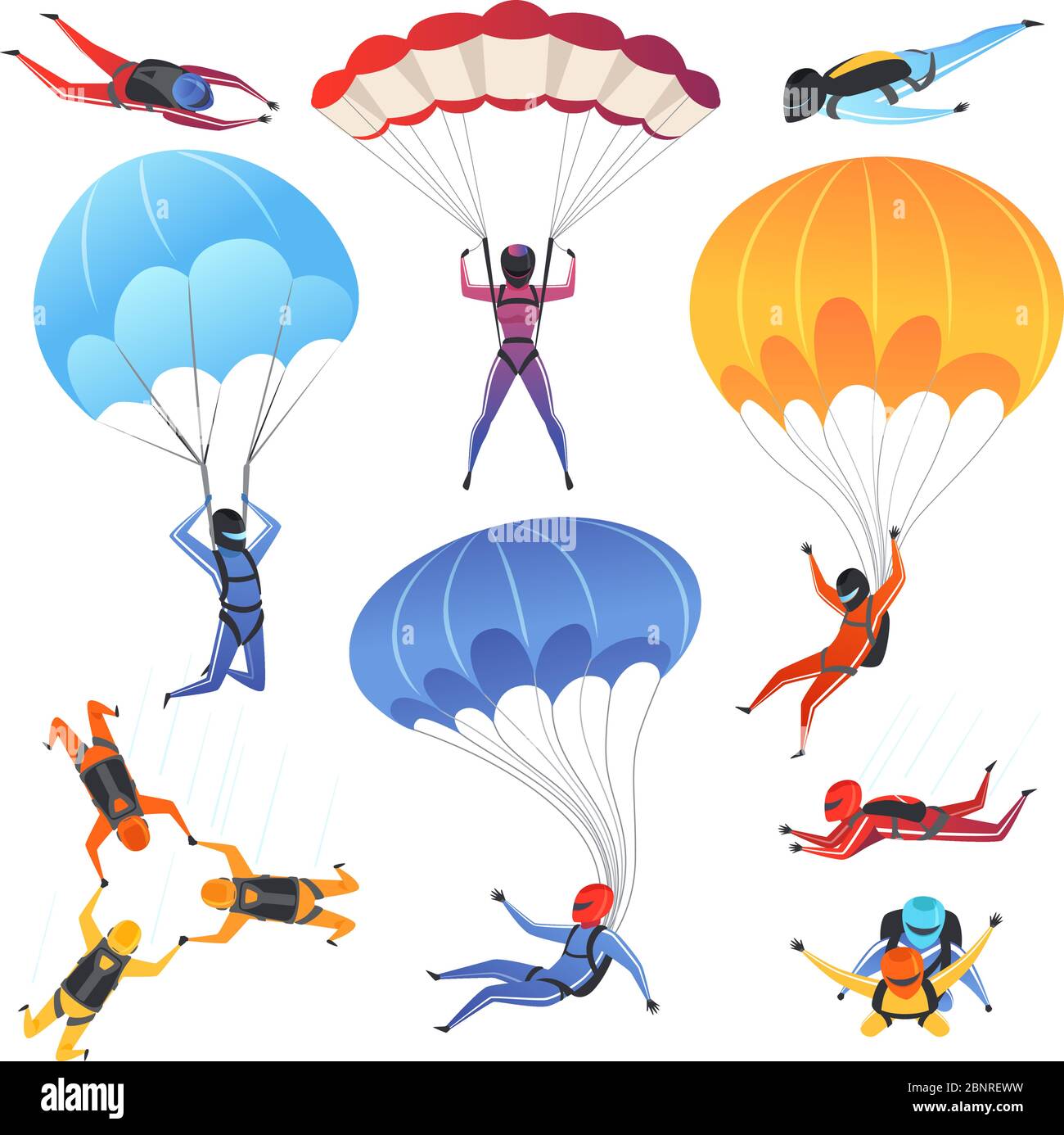 Extreme parachute sport. Adrenaline characters jumping paragliding and skydiving fly aerodynamics vector picture isolated Stock Vector