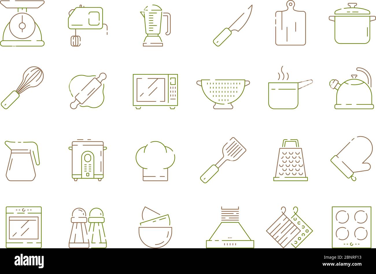 Cooking kitchen items. Knife pan spoons and forks cuisine tools microwave electronic scale vector thin line icons collection Stock Vector