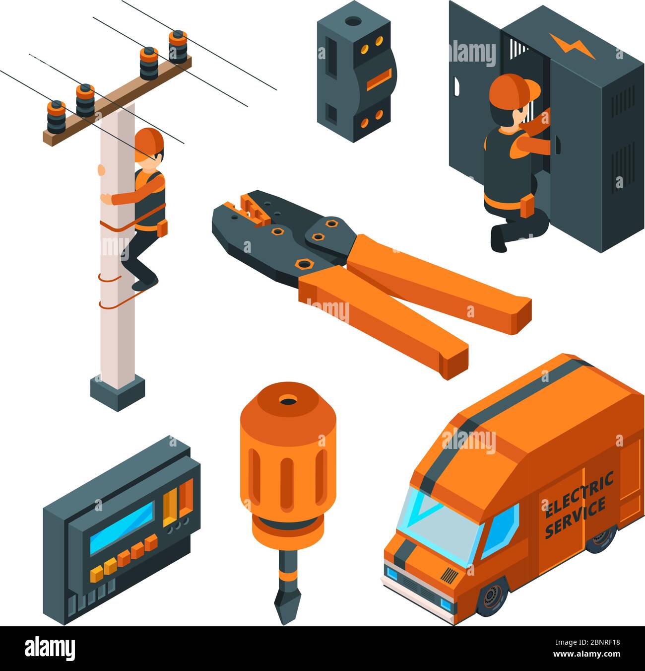Electrical systems 3d. Electricity box switch electrician safety worker with power tools vector isometric Stock Vector
