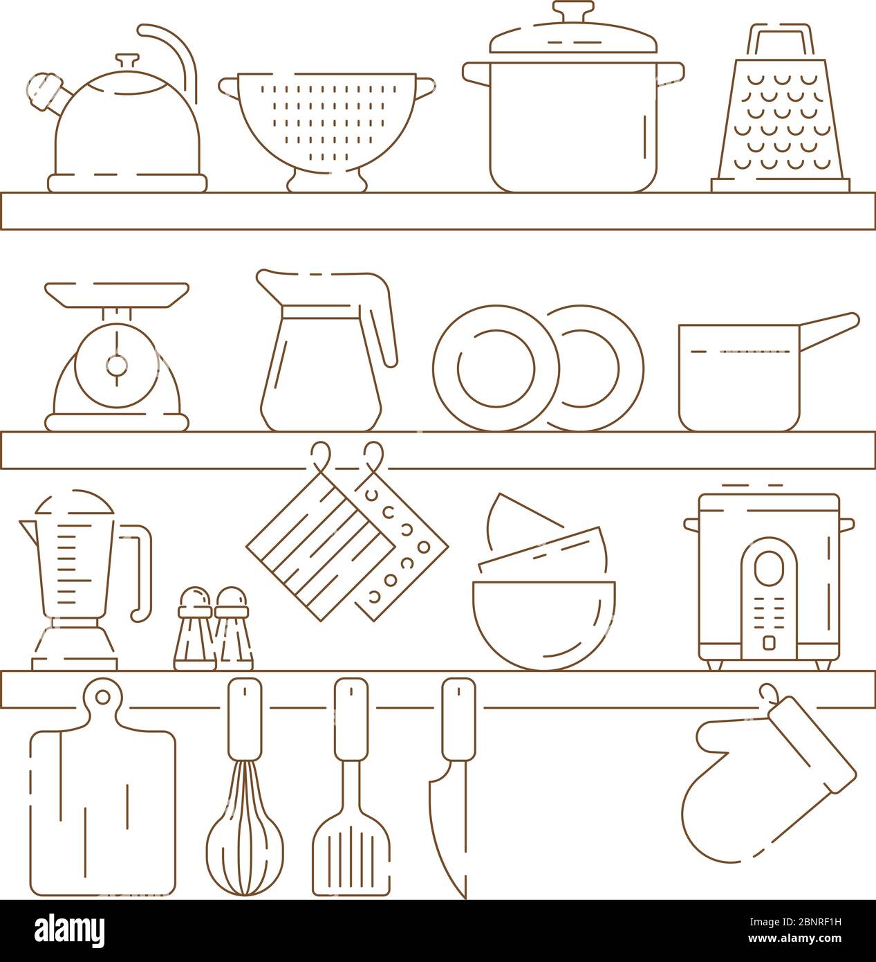 Kitchen shelves. Cooking items pots spoon fork knife pans vector thin linear composition Stock Vector