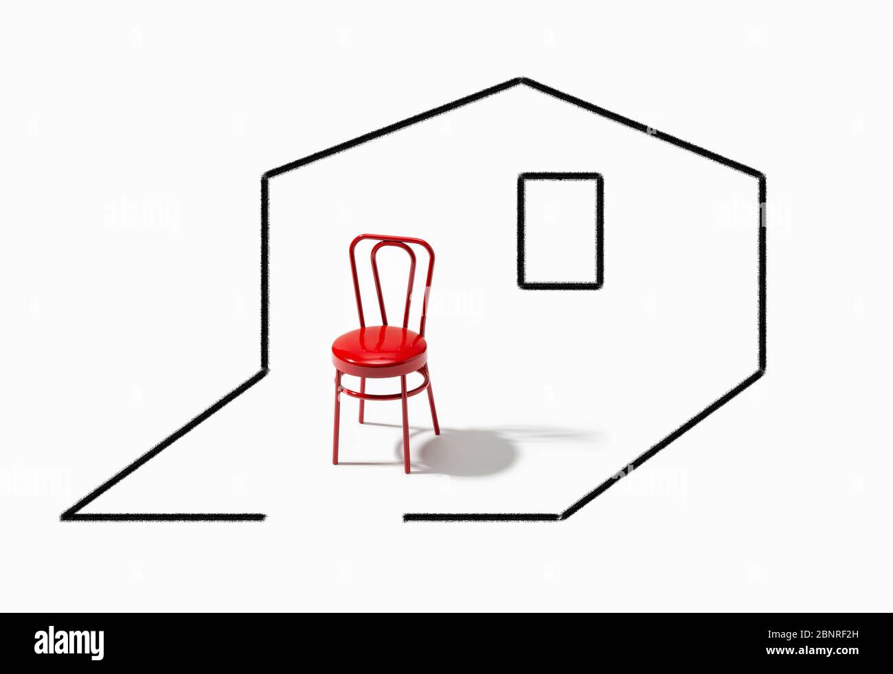 Quarantine concept. Red chair inside of a drawing house or room Stock Photo