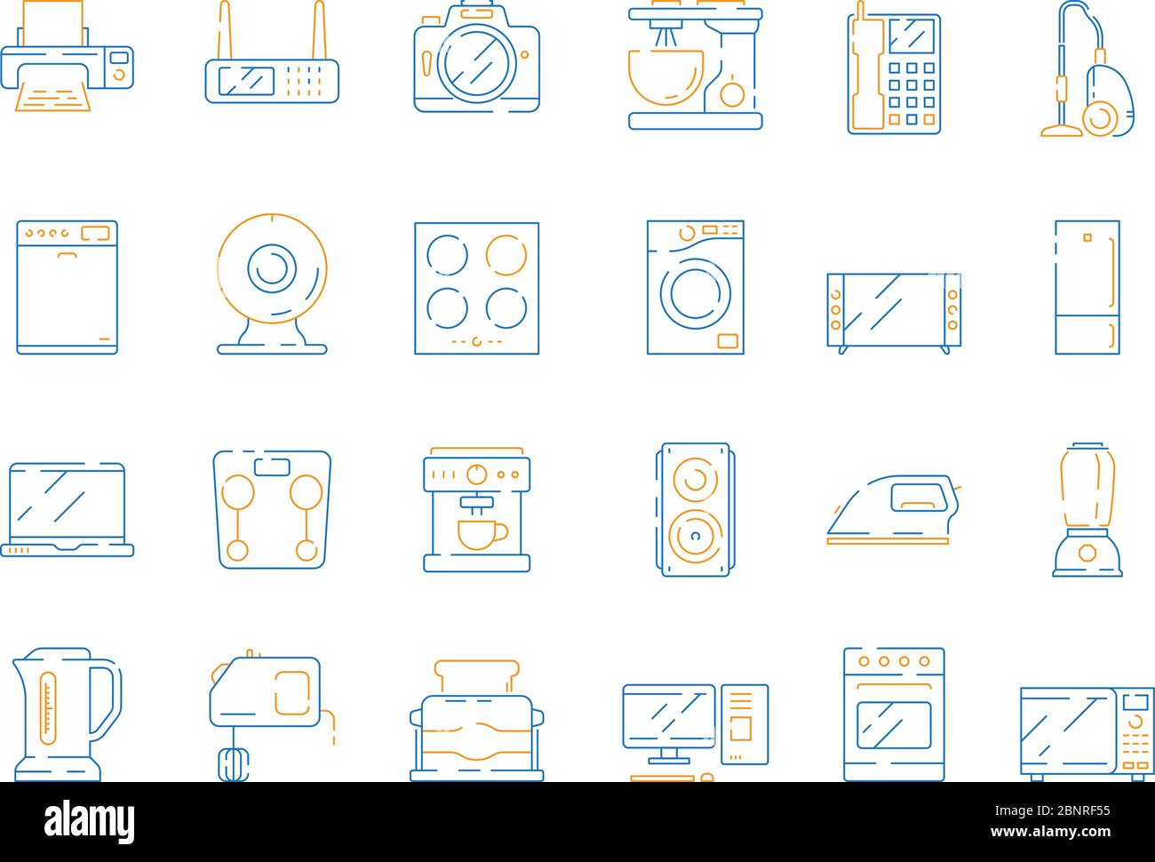 Home electrical icons. Household modern appliance equipment microwave computer gadgets refrigerator tv vector colored thin symbols Stock Vector