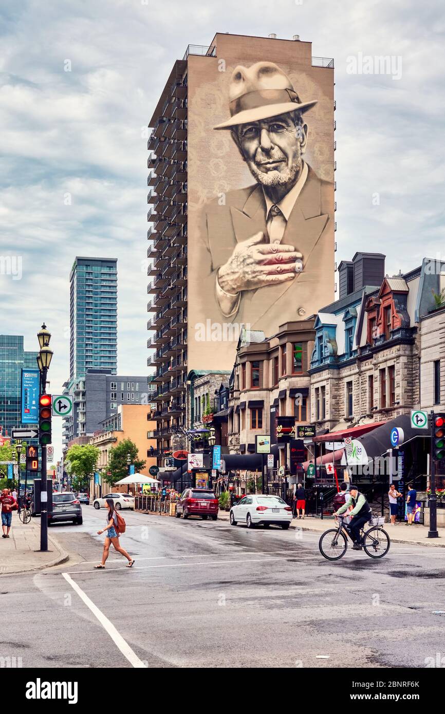 Montreal, Canada June, 2018 Canadian singer Leonard Cohen mural or