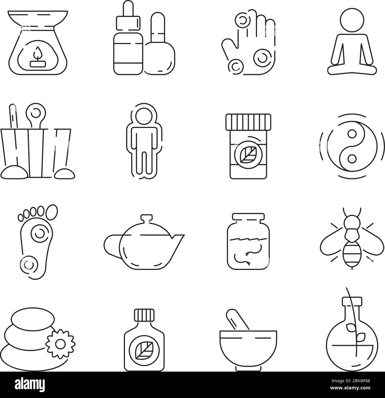 Alternative medicine icon. Beauty complementary naturopath herbal therapy relaxation meditation vector thin symbols Stock Vector