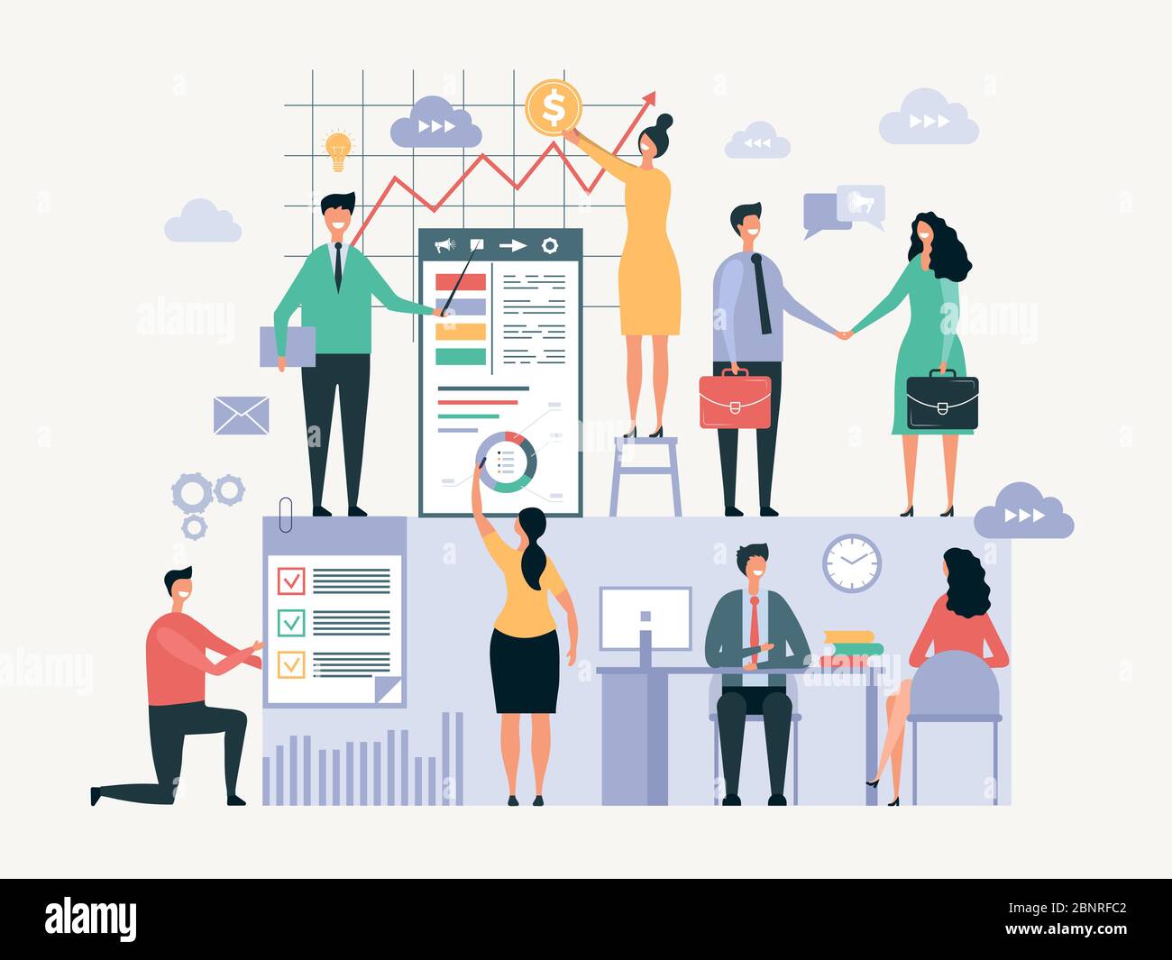Business team working. Office managers businessmen make together some group work vector abstract oversize characters Stock Vector