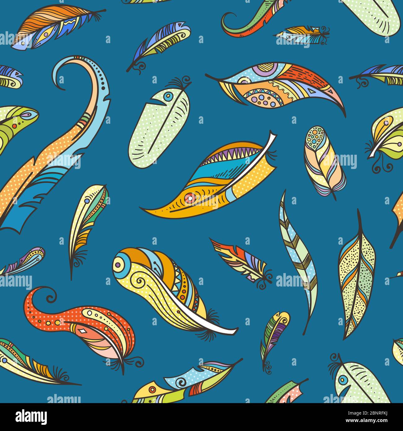 Vector boho doodle feathers pattern or background illustration Stock Vector