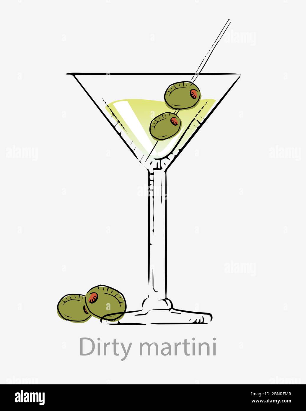 Dirty martini cocktail. Cocktail green with olives stick, alcoholic aperitif based vodka/ Stock Vector