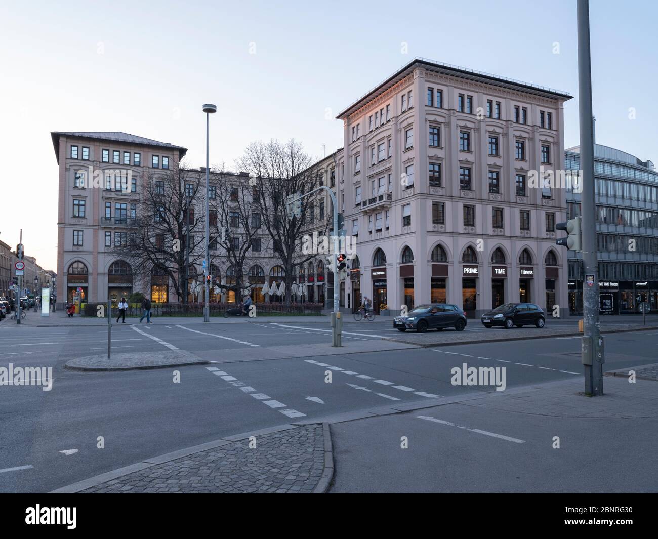 Because of Corona virus, empty and car-free street in Munich, here Maximilianstrasse. Stock Photo