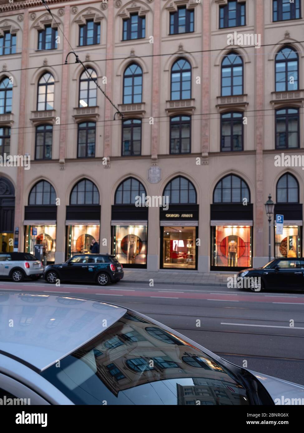 Shops closed in downtown Munich due to corona virus. In this case Maximilianstrasse. Stock Photo