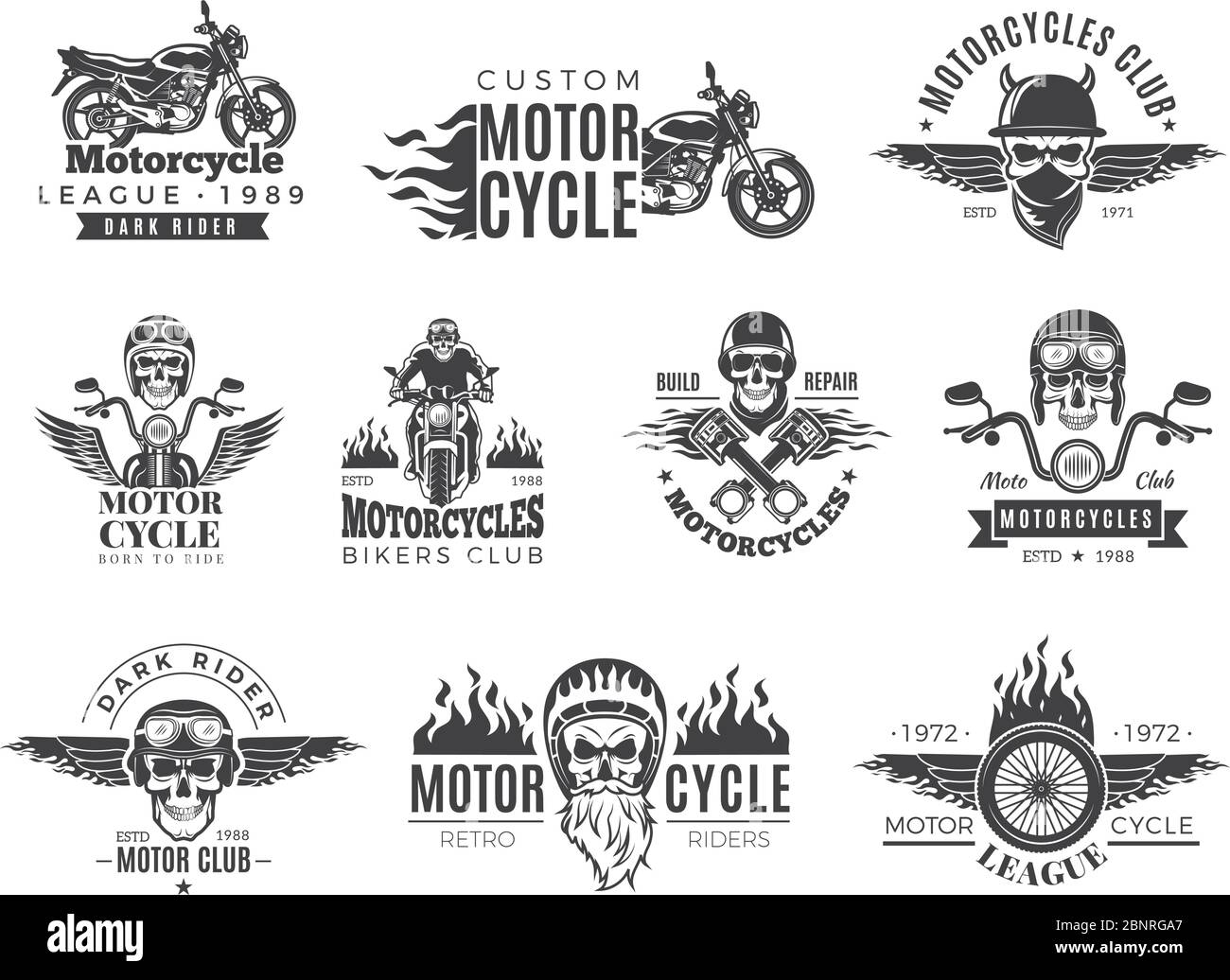 Motorcycle labels. Biker badges with speed symbols engine motor race chopper skull and fire vector pictures collection Stock Vector