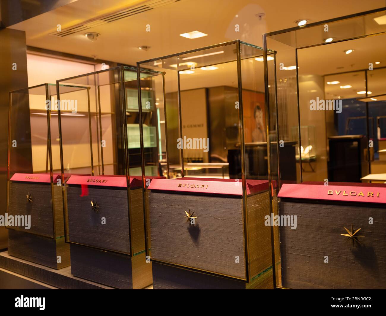 Business closed due to corona virus with empty display. Bulgari jeweler in Maximilianstrasse Munich Stock Photo