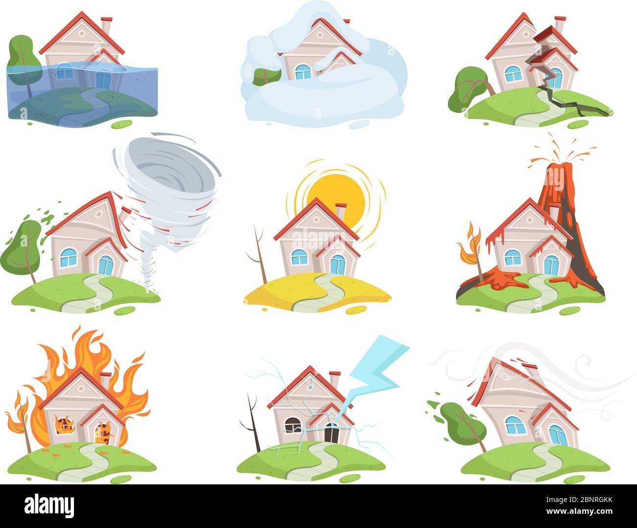 Nature disaster damage. Fire volcano water wind tree destruction tsunami vector cartoon pictures Stock Vector