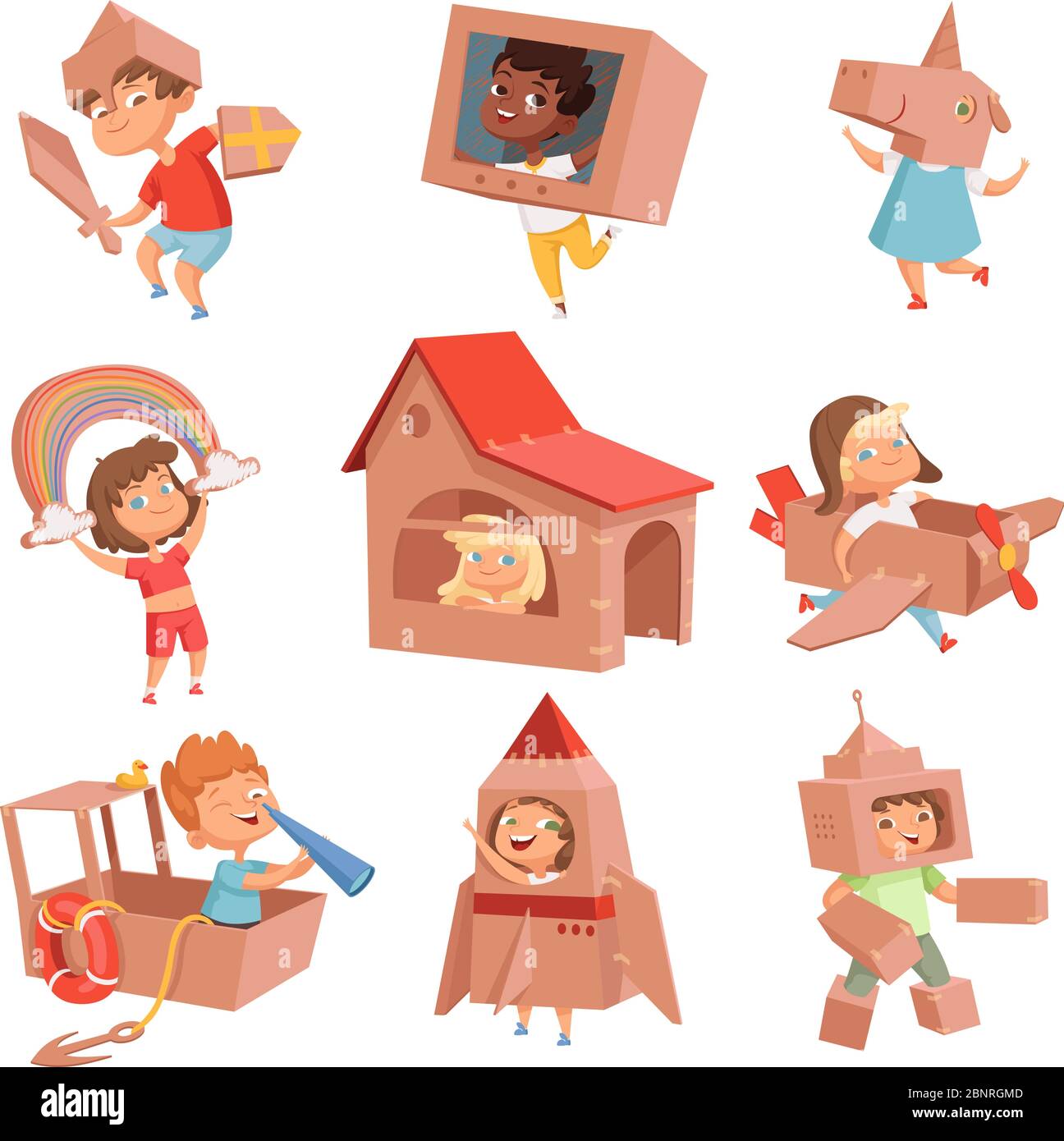 Kids cardboard costumes. Children playing in active games with paper box making house car and airplane vector characters Stock Vector