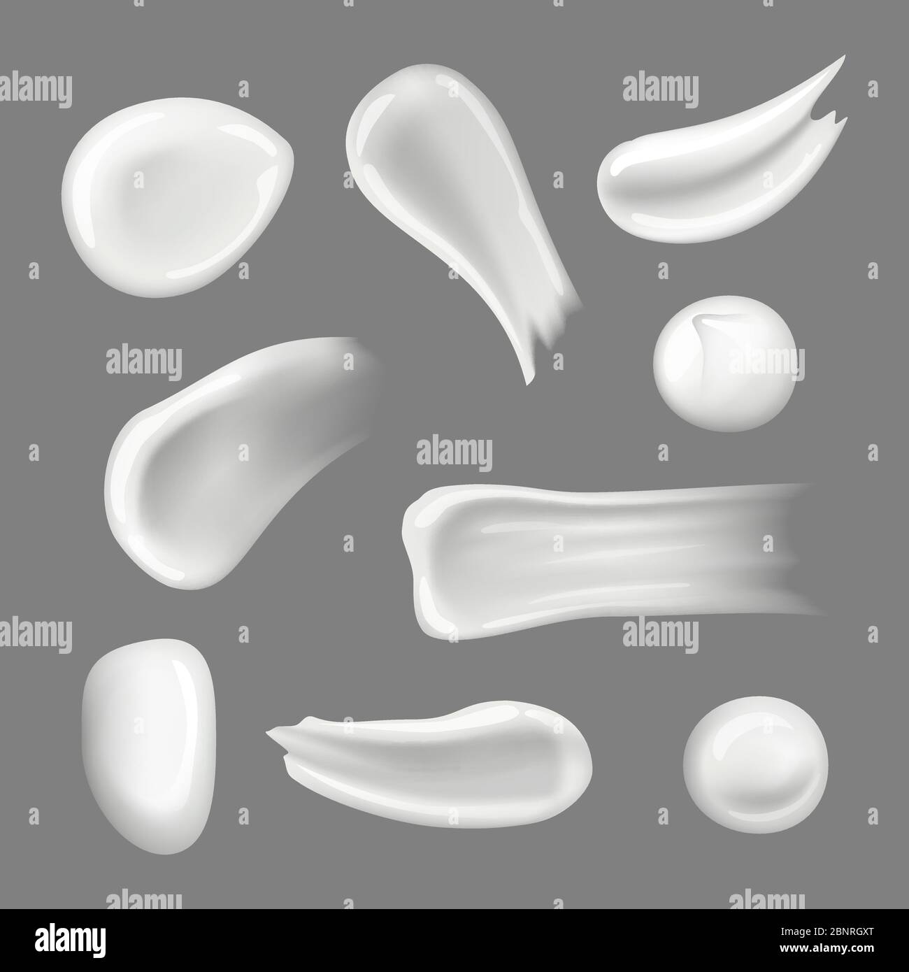 Skin creams drops. Creamy splashes and smear moisturizer natural cosmetic for women vector realistic collection Stock Vector