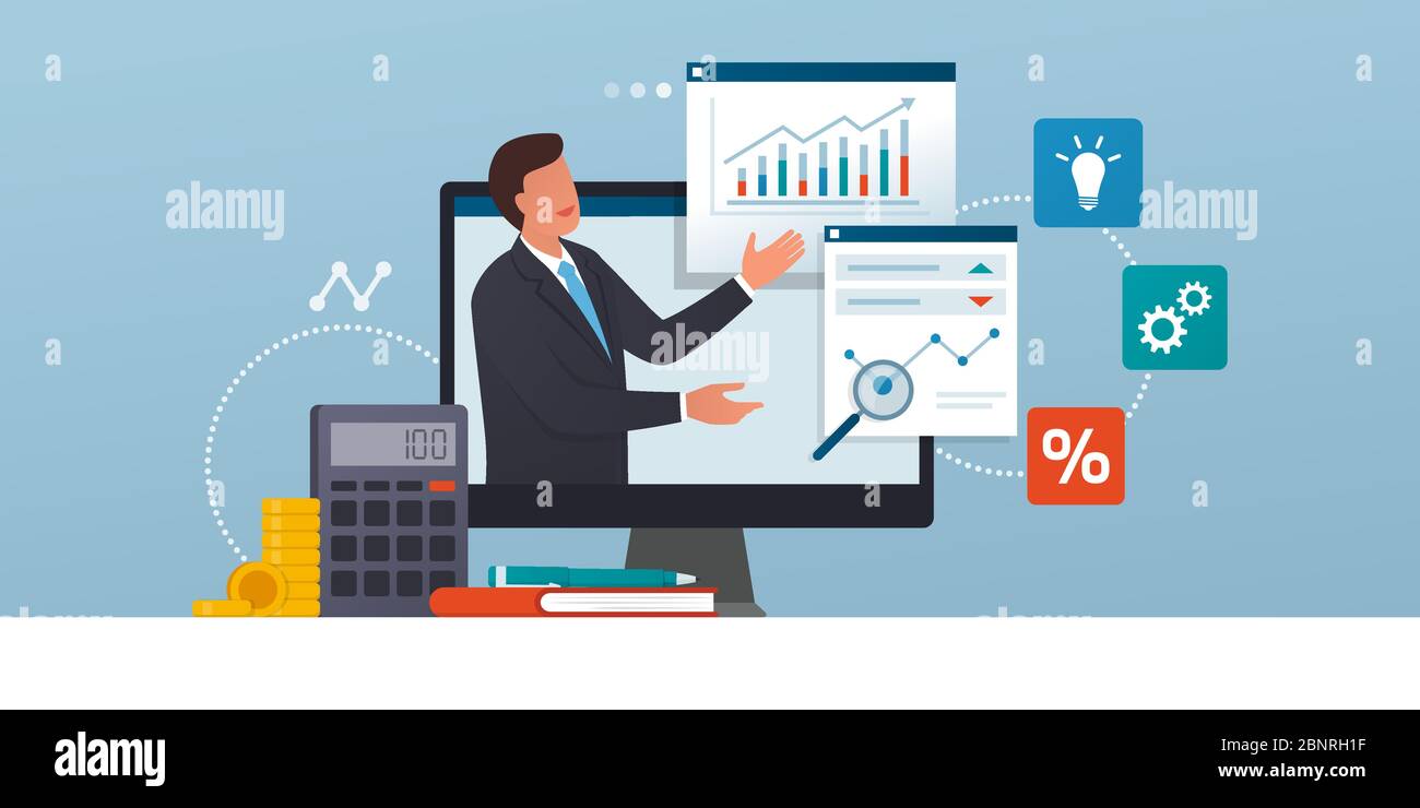 Business management online courses and consulting: executive connecting online and analyzing financial charts Stock Vector