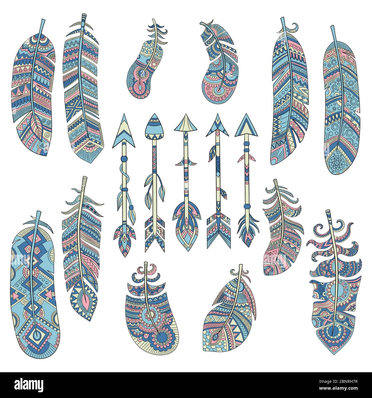 Colored tribal feathers. Arrow with pattern traditional american indian cultural decorated elements vector pictures Stock Vector
