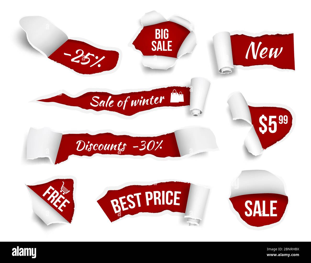 Promo banners ripped paper. Sale advertizing tags promotion cut edges pages vector realistic pictures Stock Vector