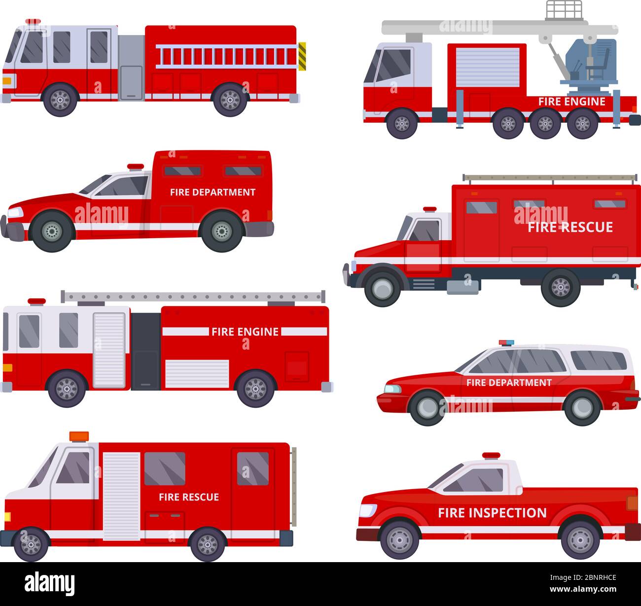 Fire engine. Collection with red emergency department lighting service van helicopter vector vehicles Stock Vector