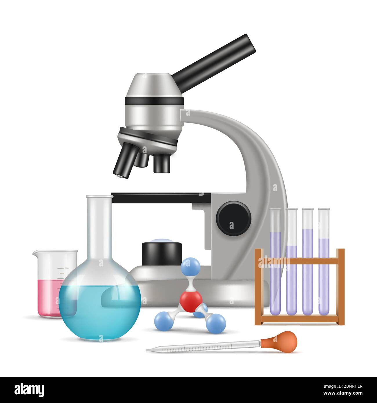 Science laboratory 3d. Biology physics items for tests and experiments in lab microscope glass tubes vector realistic composition Stock Vector