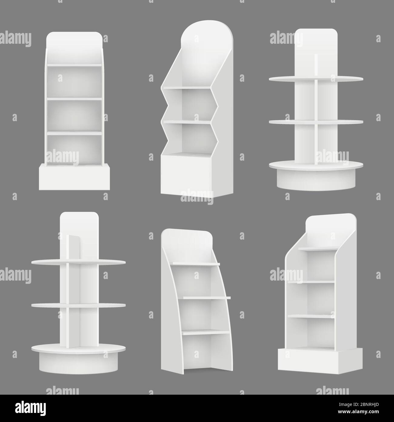 Empty shelving stands. Merchandising market retail display racks in
