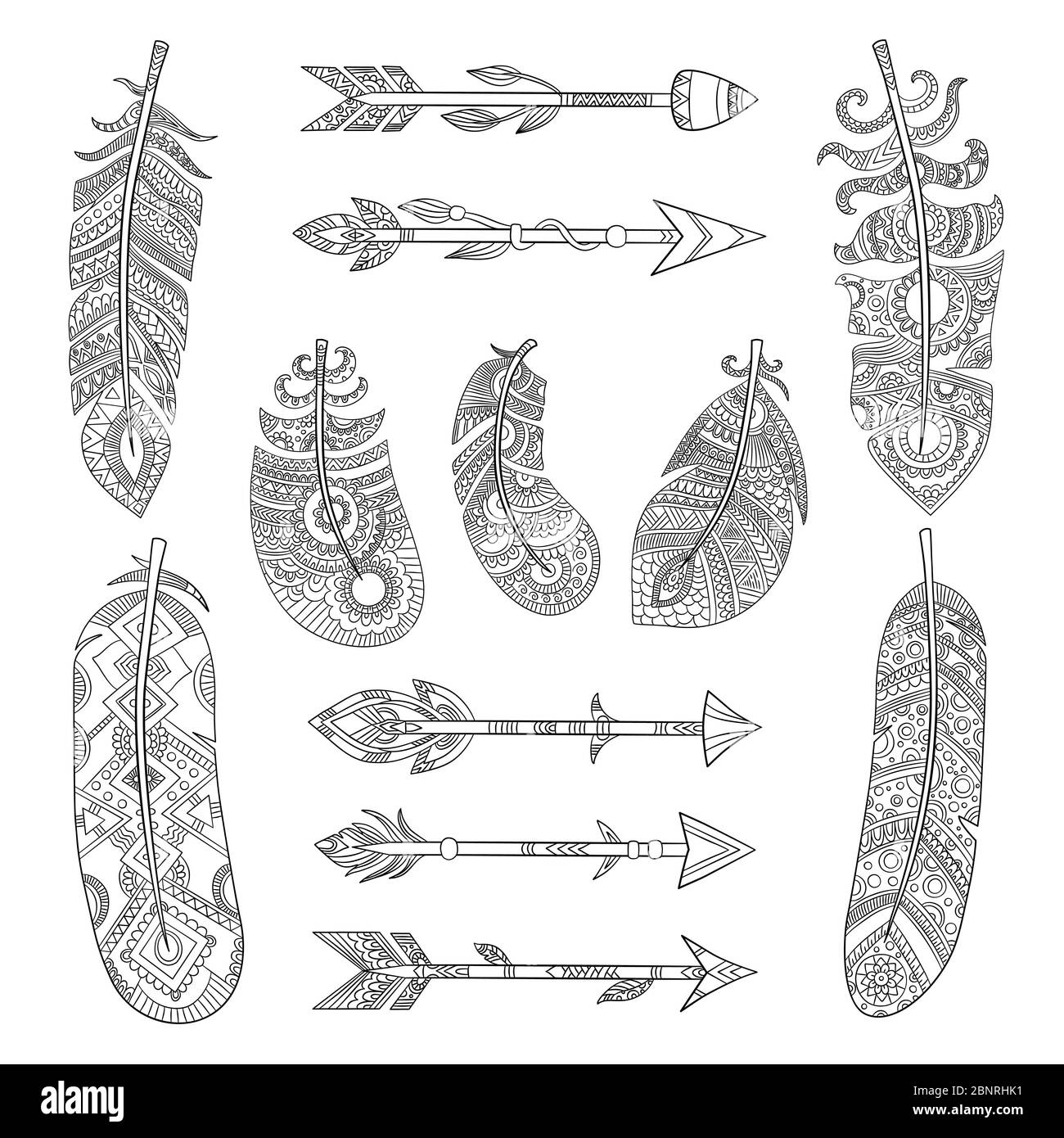 Tribal feathers and arrows. Aztec indian fashion elements with traditional pattern vector pictures collection Stock Vector