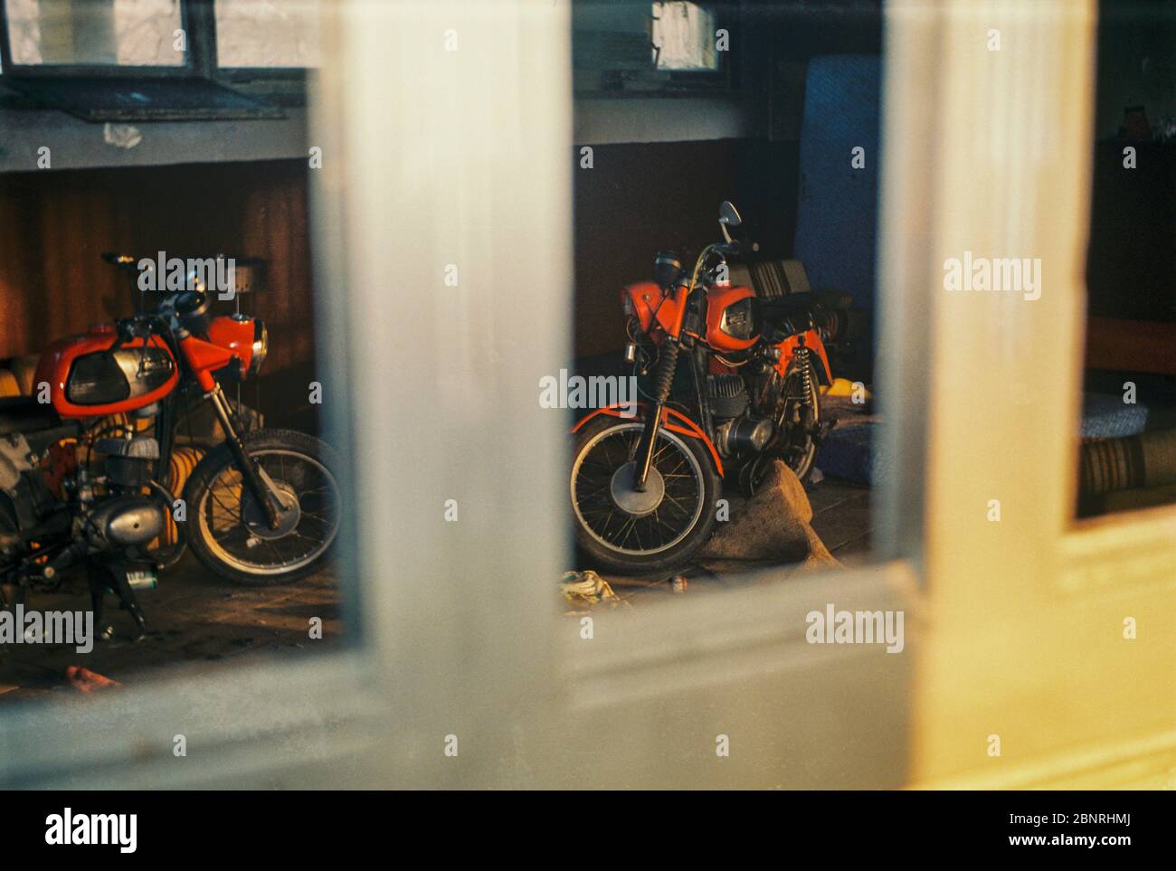 Germany, Saxony-Anhalt, Niegripp, youth club, motorcycle of the MZ brand, early 1990s. Stock Photo