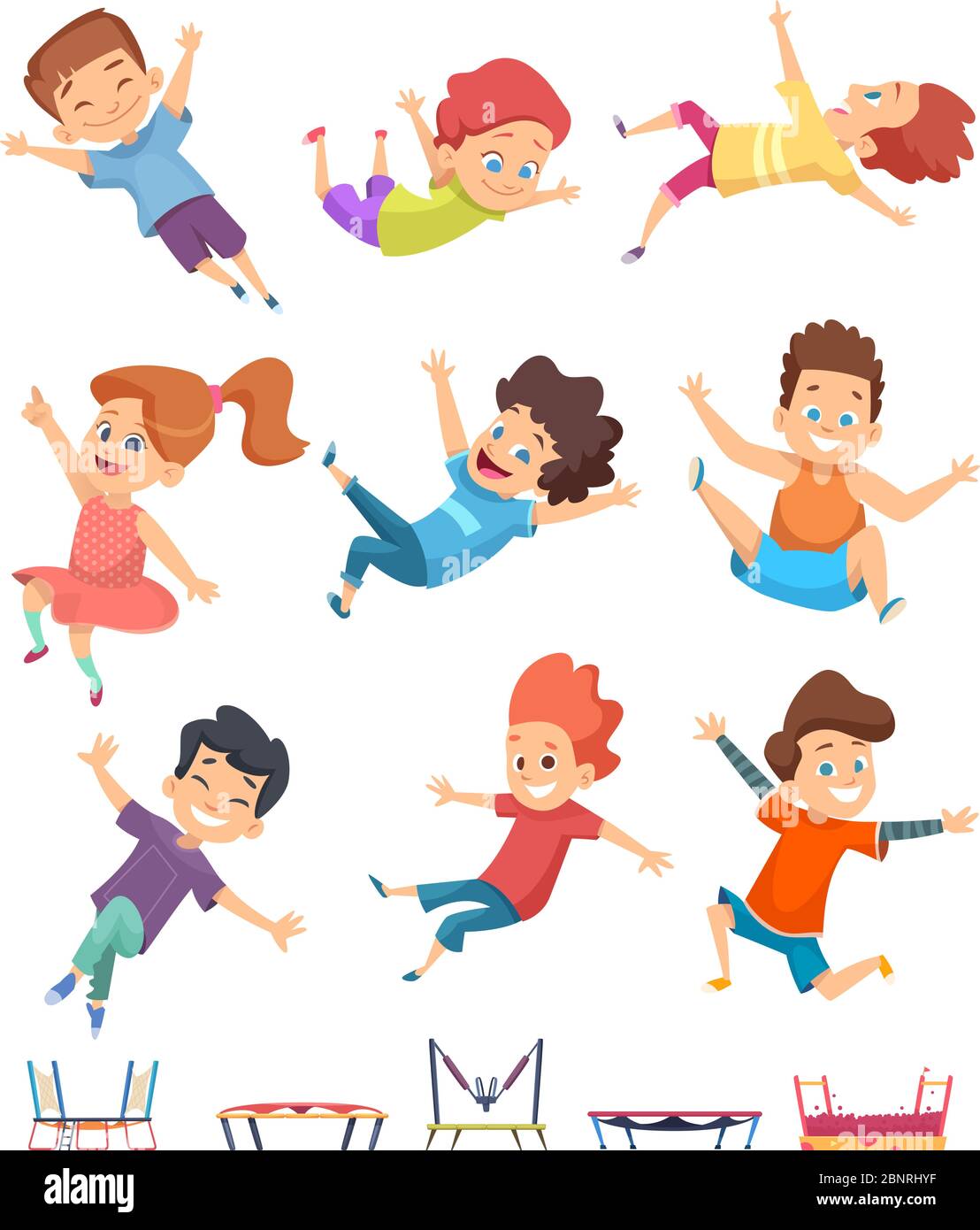 Kids jumping. Trampoline childrens athletic playing on playground active games vector cartoon people Stock Vector