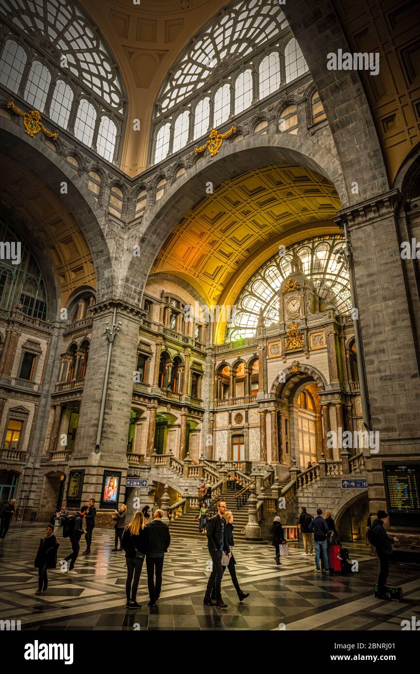 Europe, Belgium, Antwerp, city, downtown, train station, Antwerpen-Centraal, Centraal Stock Photo