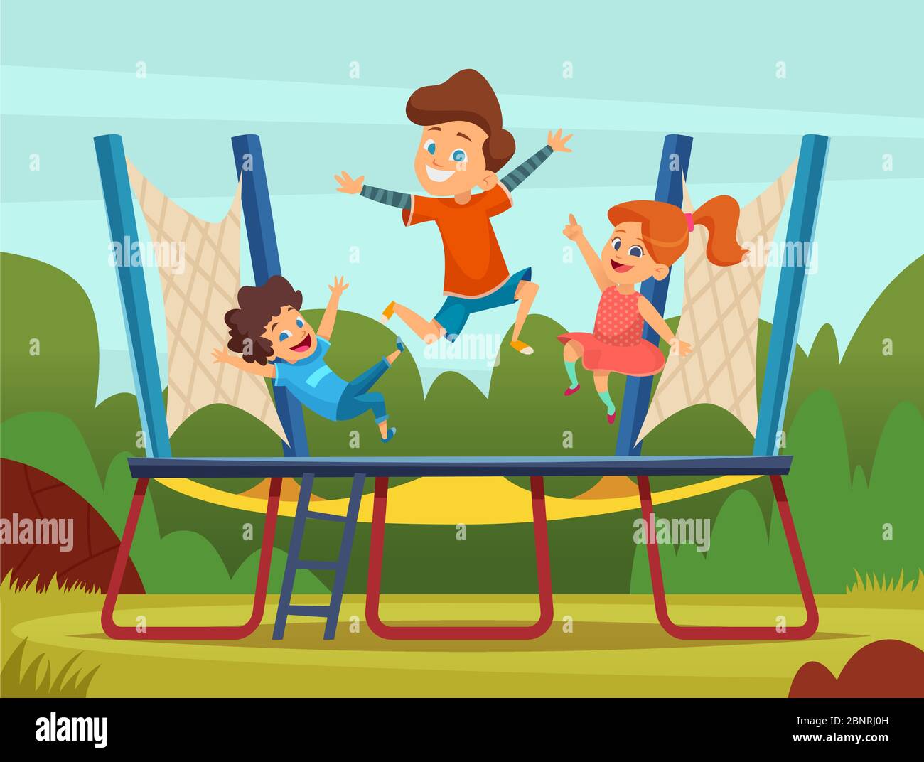 Jumping trampoline kids. Active children games on playground vector cartoon background Stock Vector