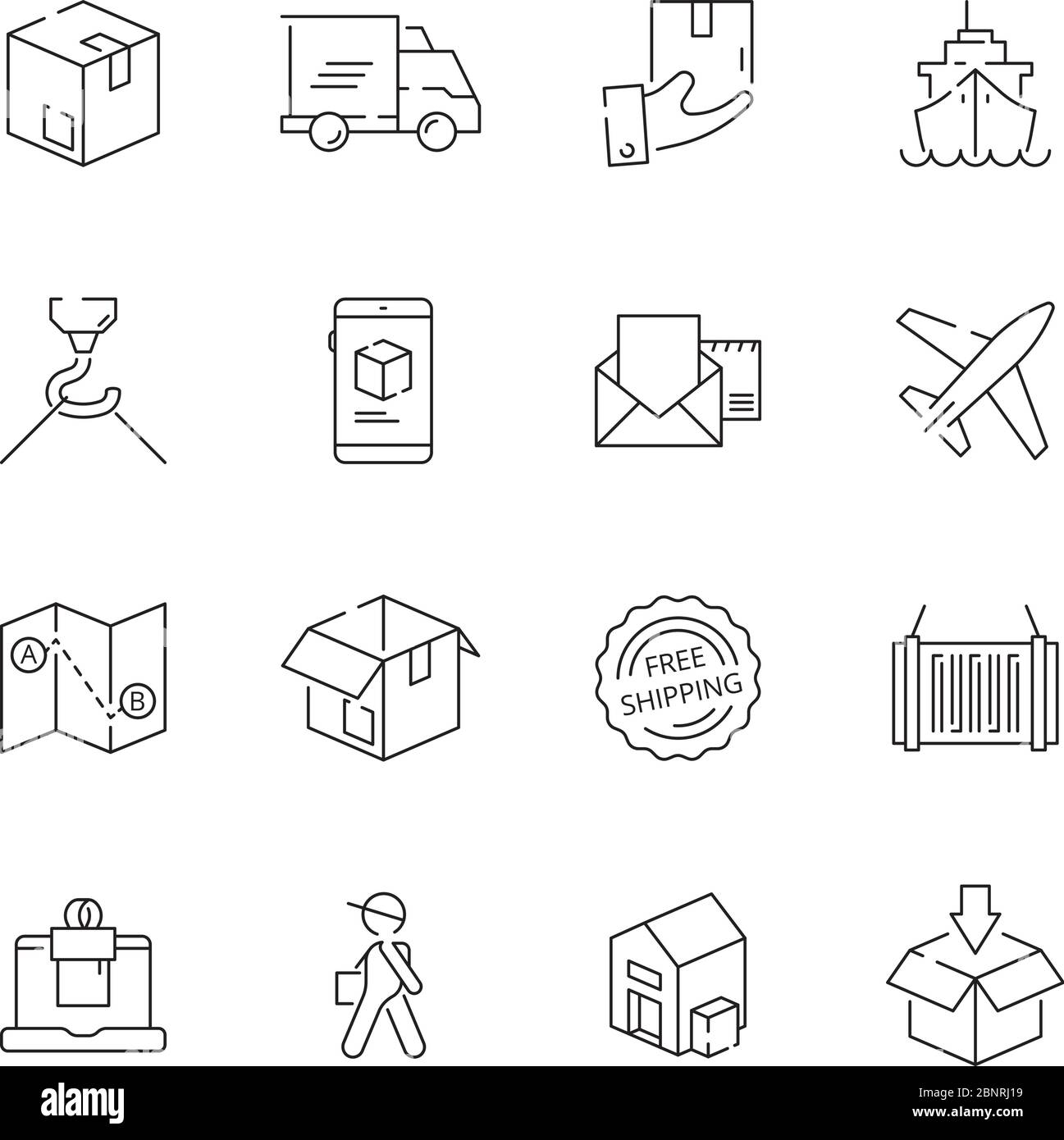Delivering icons. Shipping logistics delivery sea freight free shipment moving items vector thin line symbols Stock Vector
