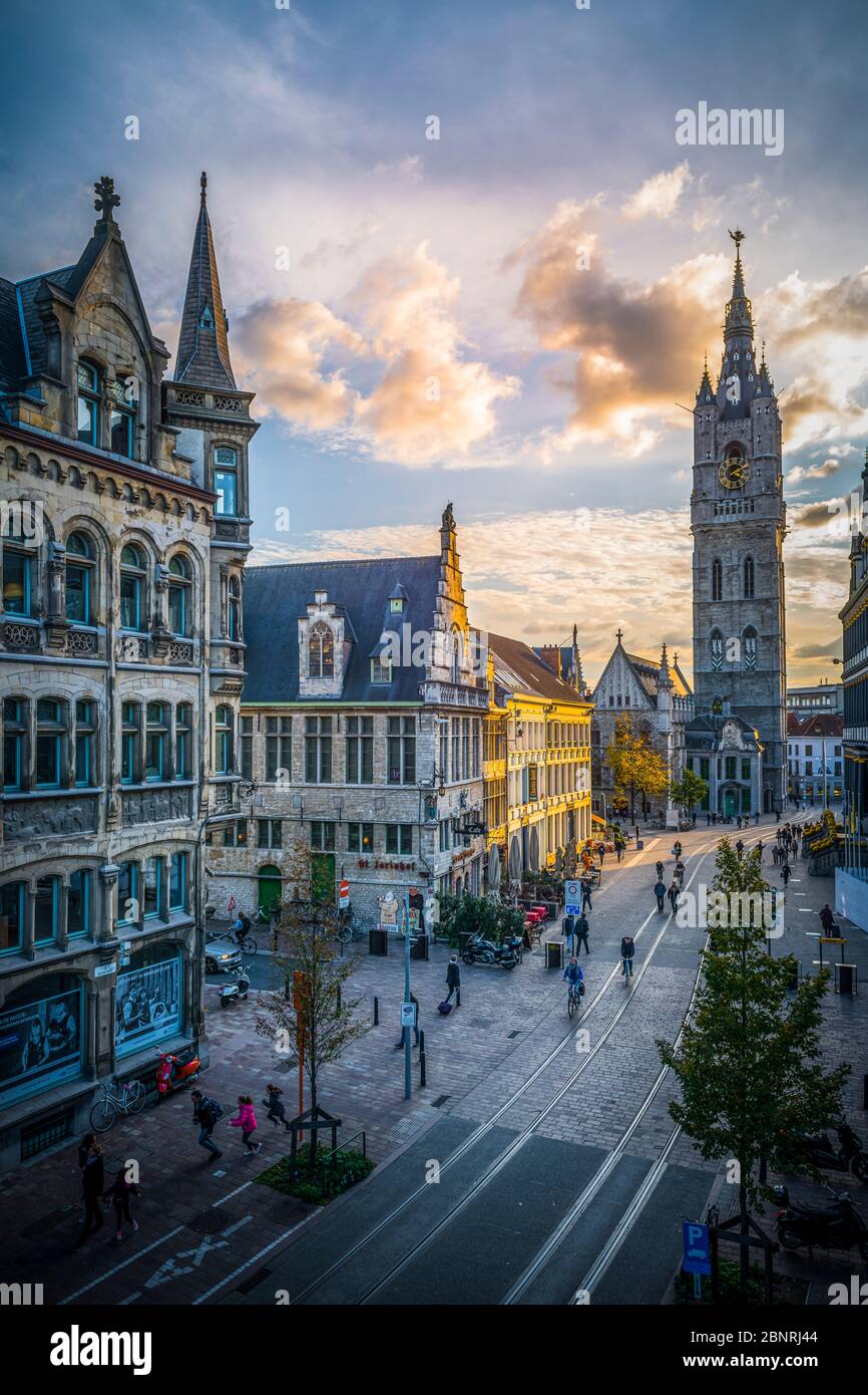 Europe, Belgium, Ghent, city, downtown, old town, Belfortstraat, Belfort Stock Photo