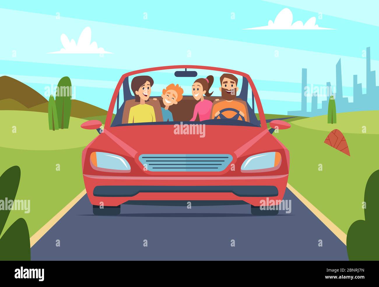 Happy family in car. People father mother kids travellers in automobile vector front view Stock Vector