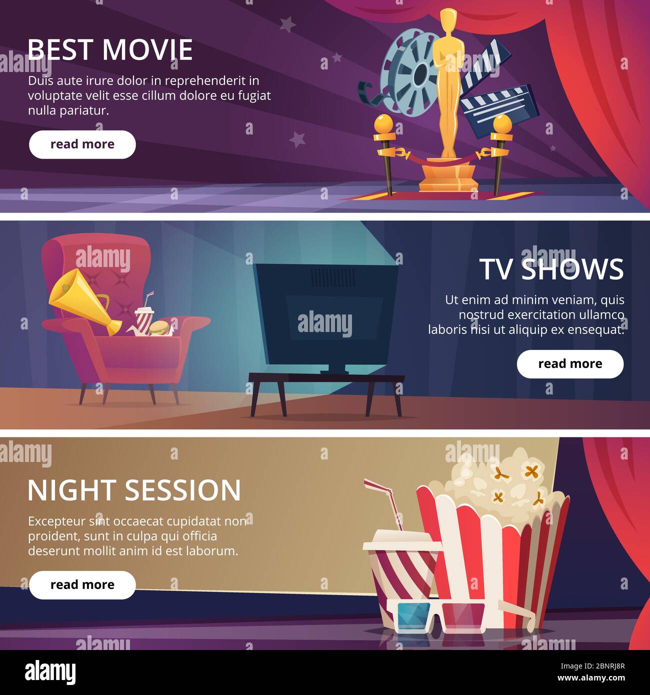 Cinema banners movie video and theater entertainment cartoon icons 3d 