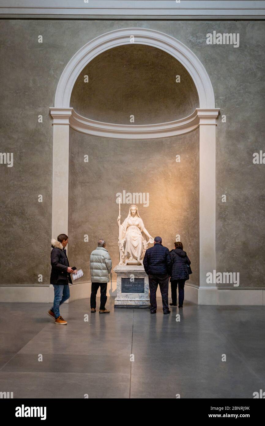 Tourists admiring the statue of Maria Luigia, by Antonio Canova. Parma, Emilia Romagna, Italy, Europe. Stock Photo