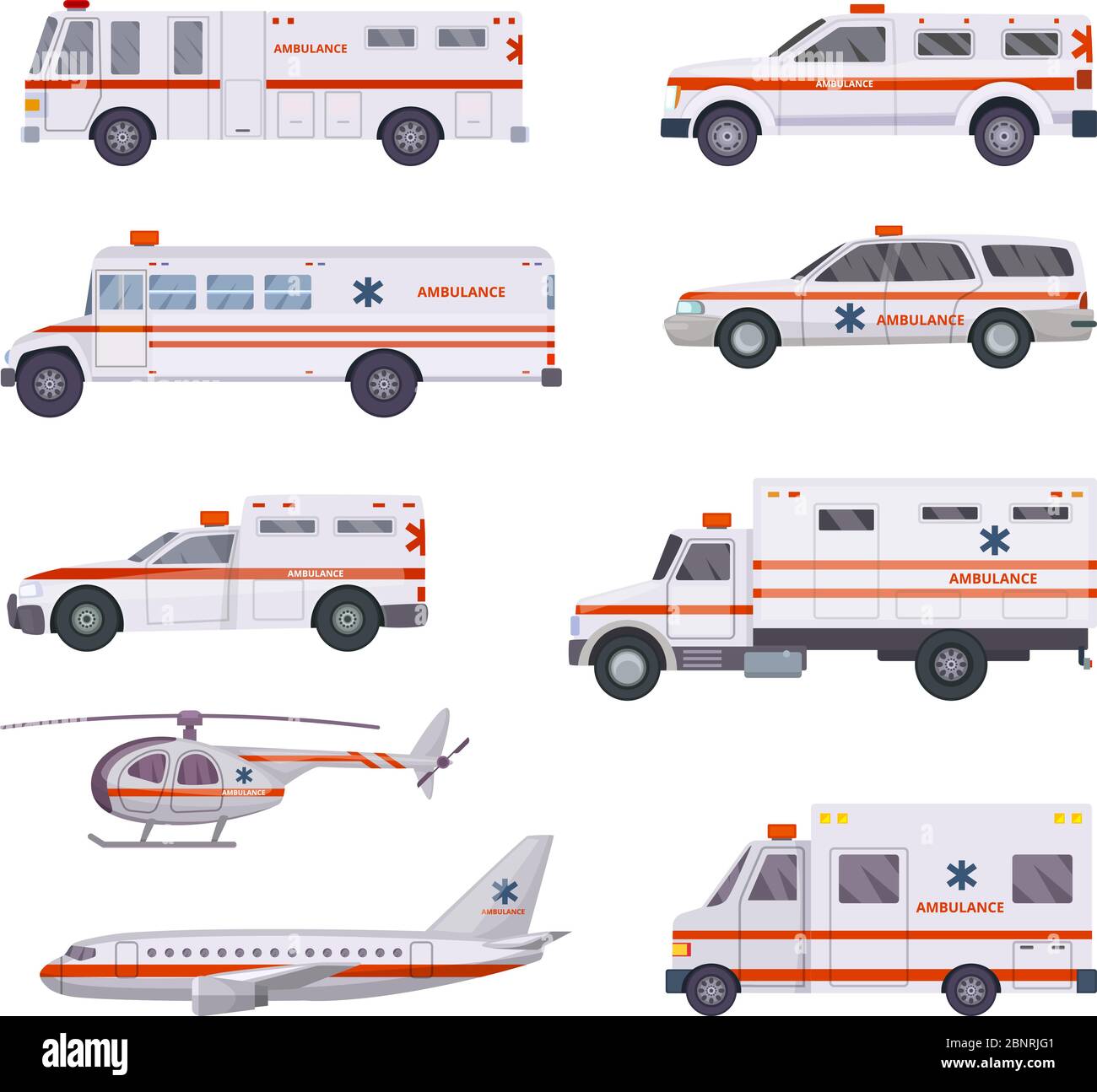 Ambulance cars. Health rescue service vehicle van helicopter paramedic emergency hospital urgent auto 911 vector cartoon pictures Stock Vector