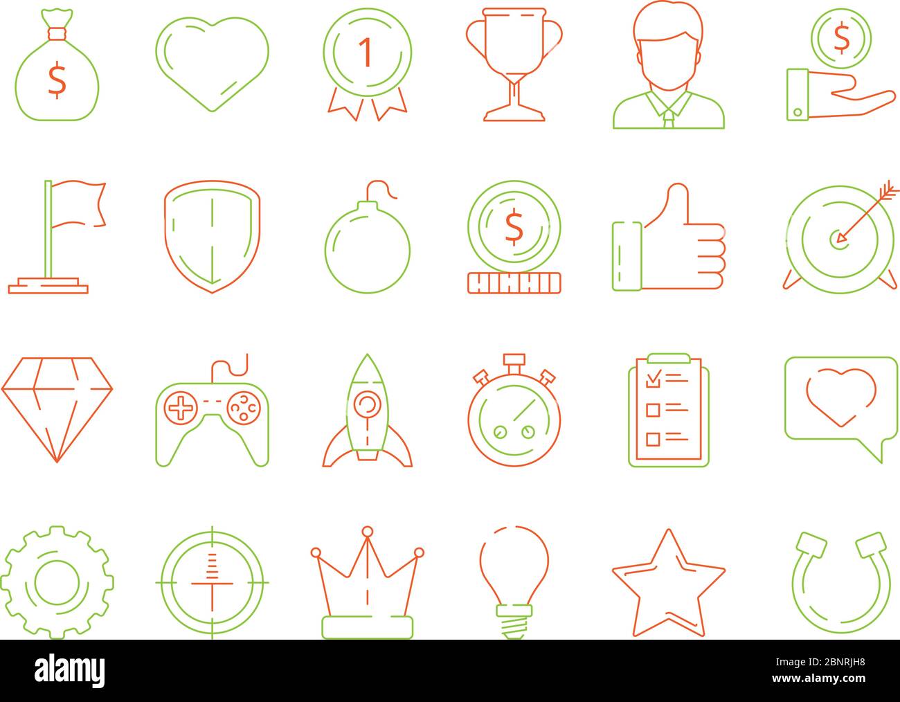 Gamification icons. business achievements line icon set for competitive office managers, advantage vector thin linear badges, levels and rewards Stock Vector