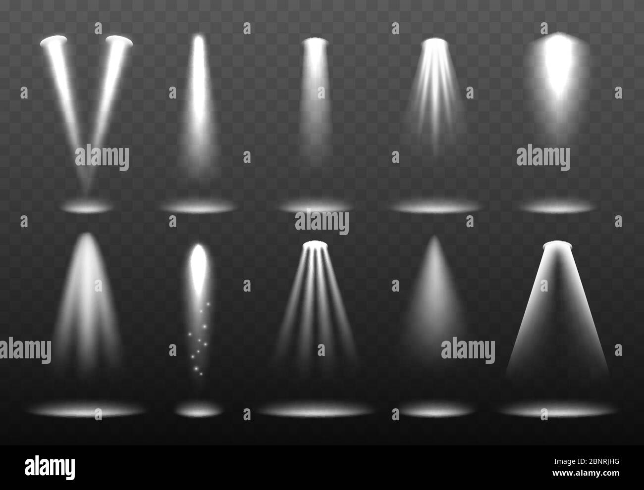 White realistic lights. Shining spotlight projection bright lightning stage vector environment visualization Stock Vector