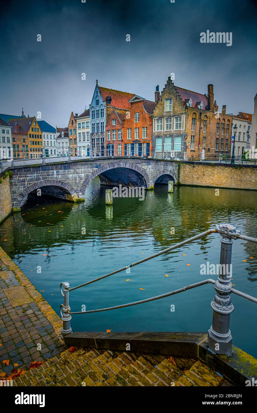 Europe, Belgium, Bruges, city, old town, canal, Langerei Stock Photo