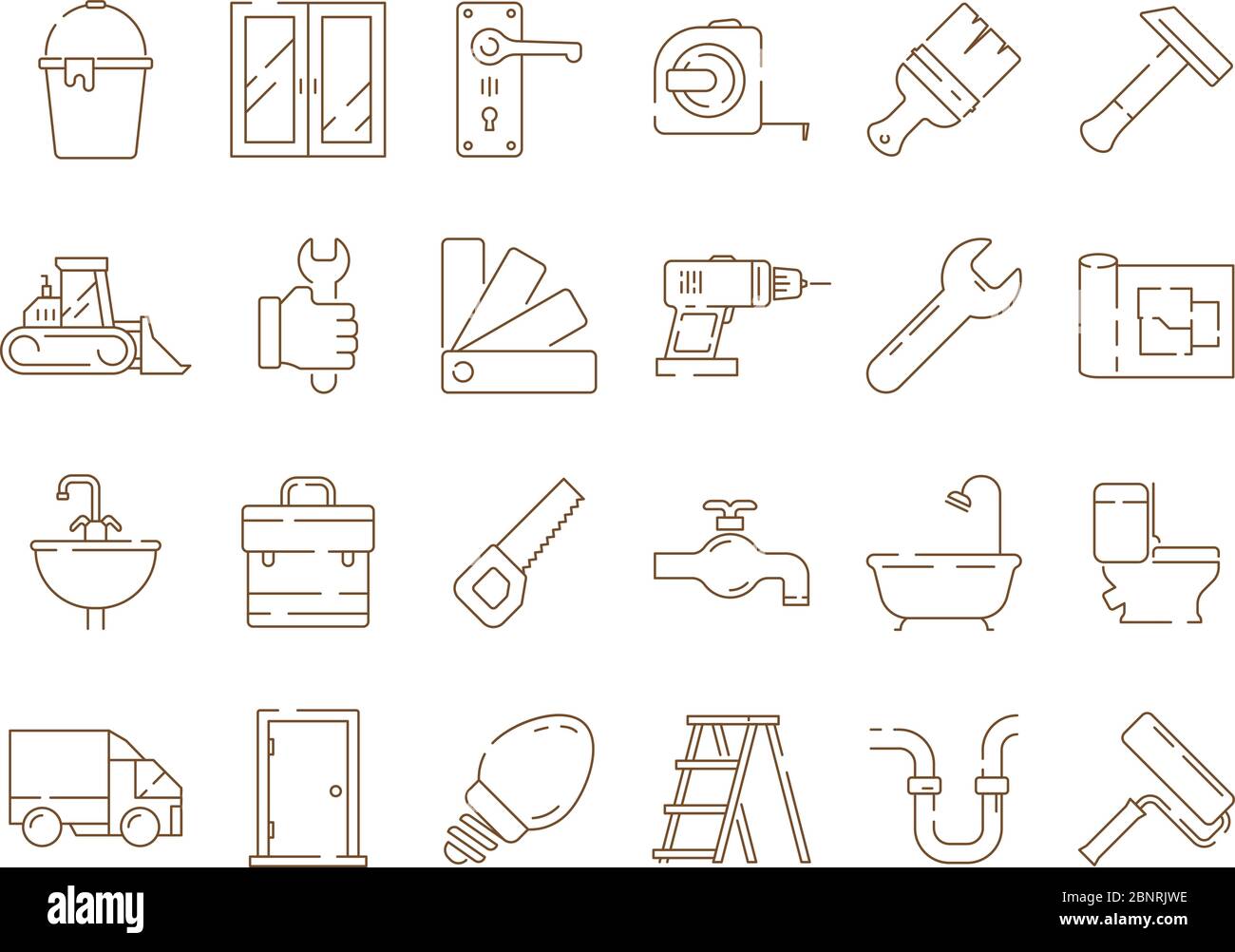 Home repair icons. Construction building engineer supplies service vector set of thin line symbols Stock Vector