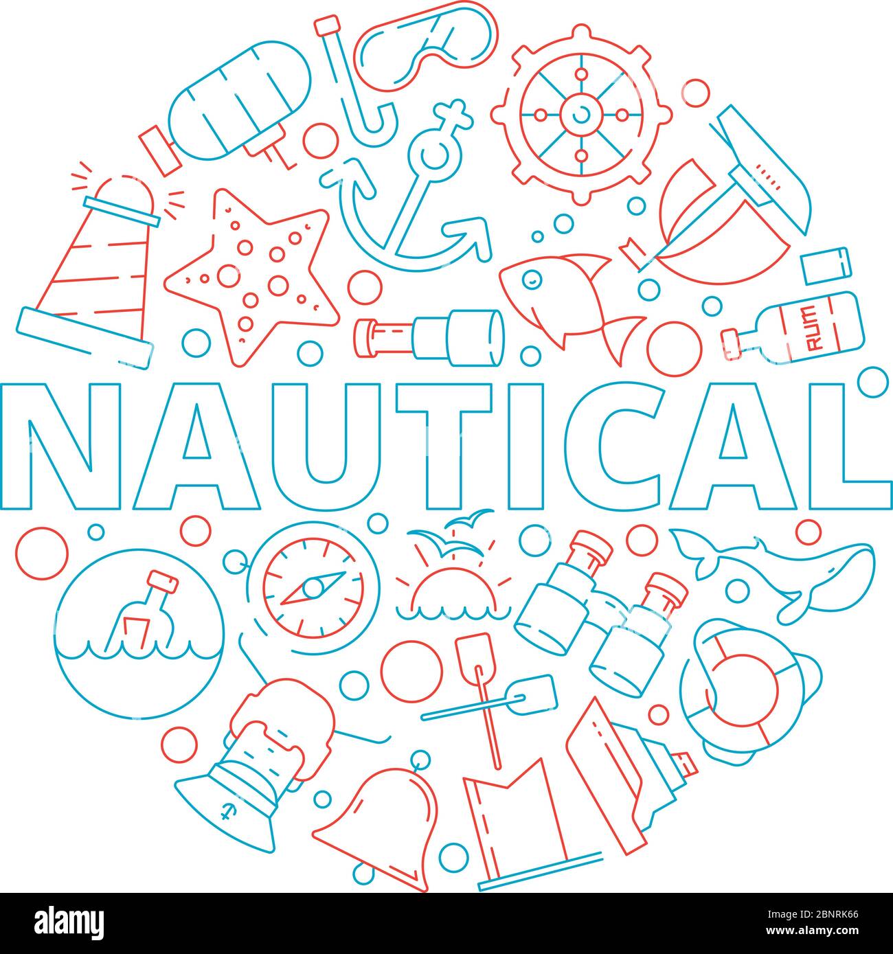 Marine concept. Nautical pictures fish boat sea captain yacht circle shape with marine symbols vector background Stock Vector