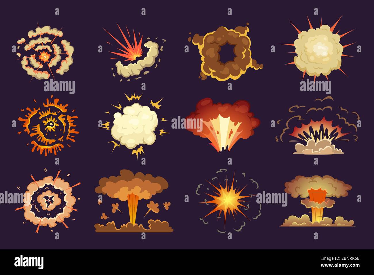 Bomb explosion. Motion abstract blast fire and clouds exploded vector cartoon collection Stock Vector