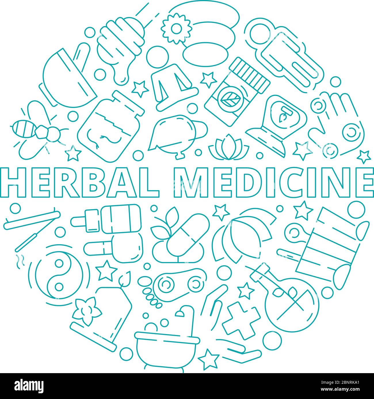 Alternative medicine concept. Herbal natural medical practice vitamin homeopathy vector symbols in circle shape Stock Vector