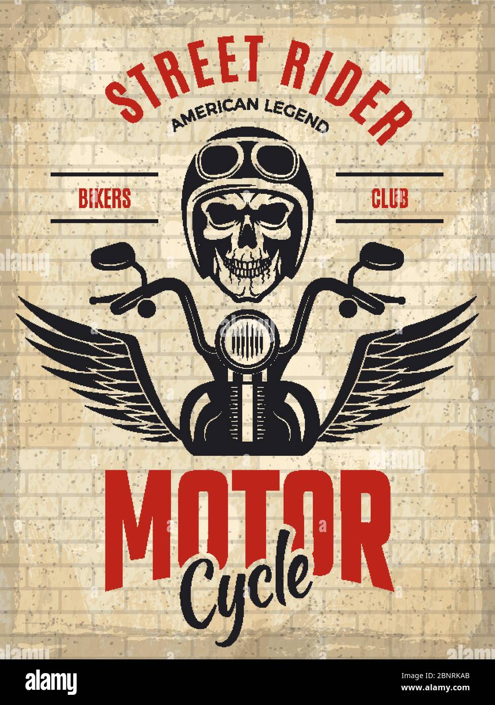 Retro poster bikers. Skull motorcycle gang rider concept placard vector template Stock Vector