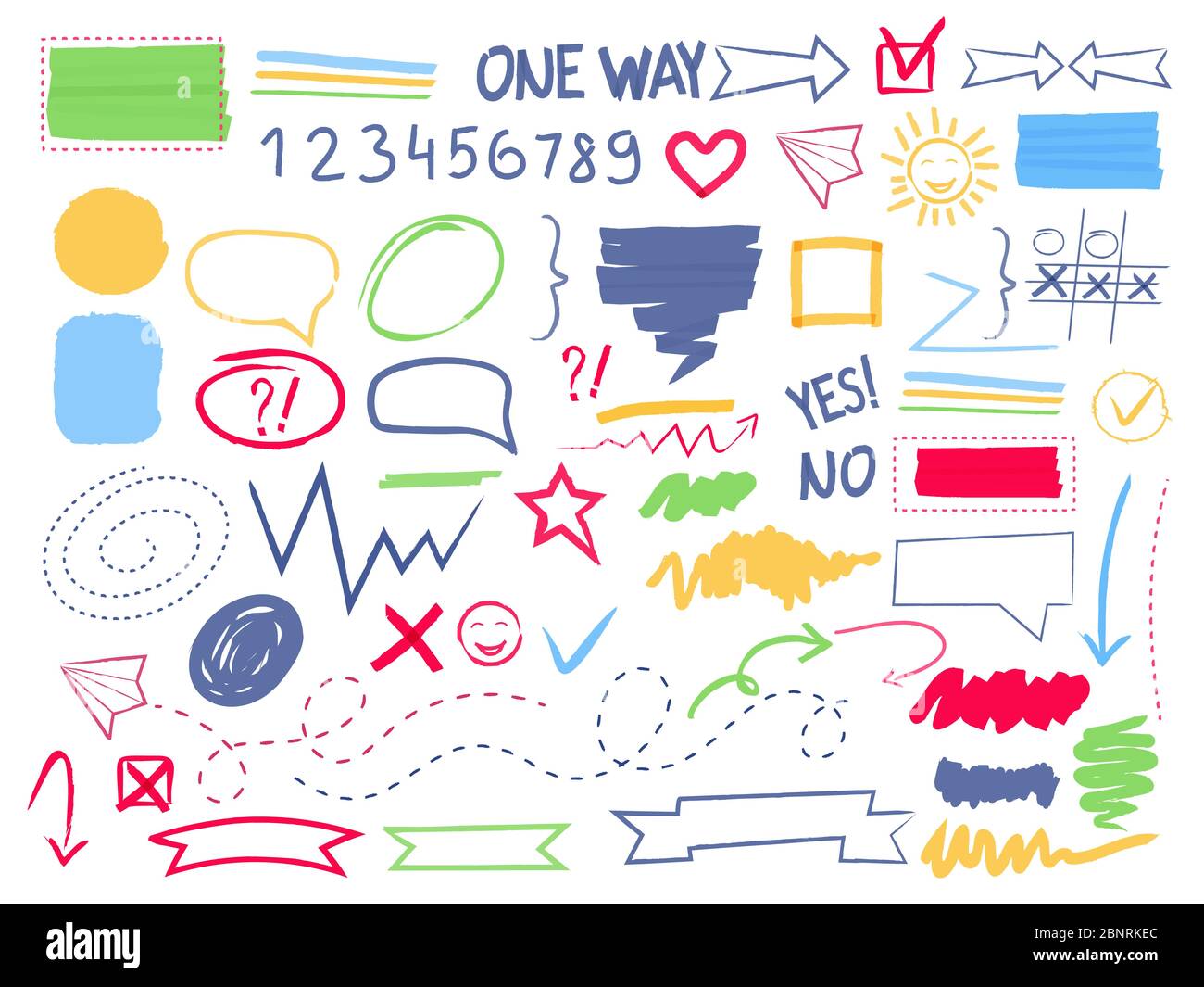 Marker highlight. Pen coloring scribble selection arrows frames and borders oval circle square vector shapes Stock Vector