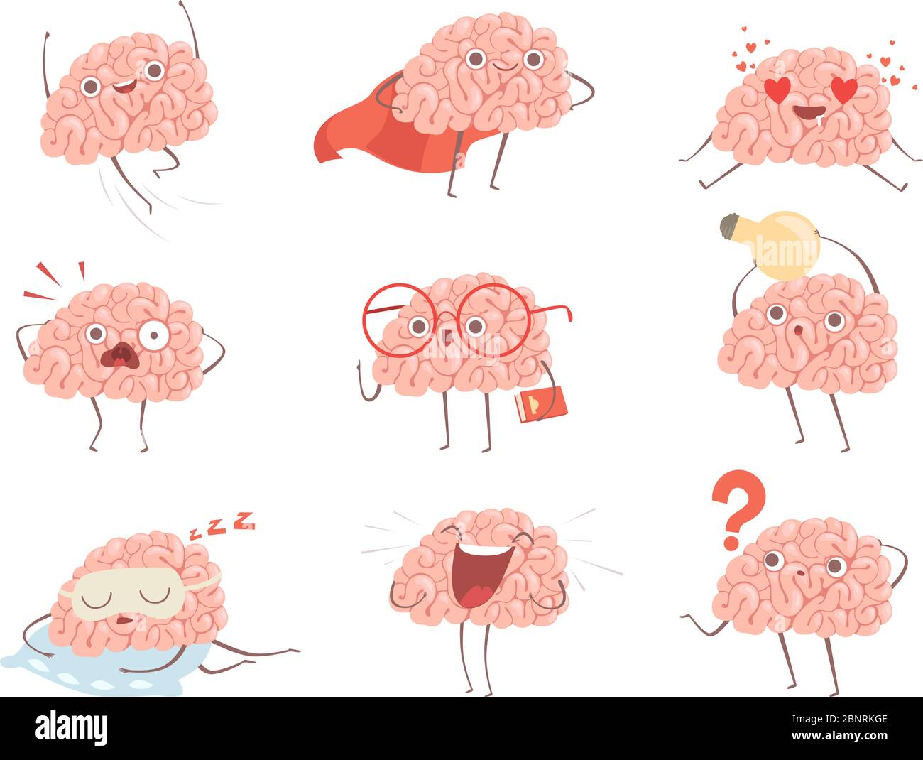 Brain characters. Cartoon mascot making different sport exercises brain activities vector pictures Stock Vector