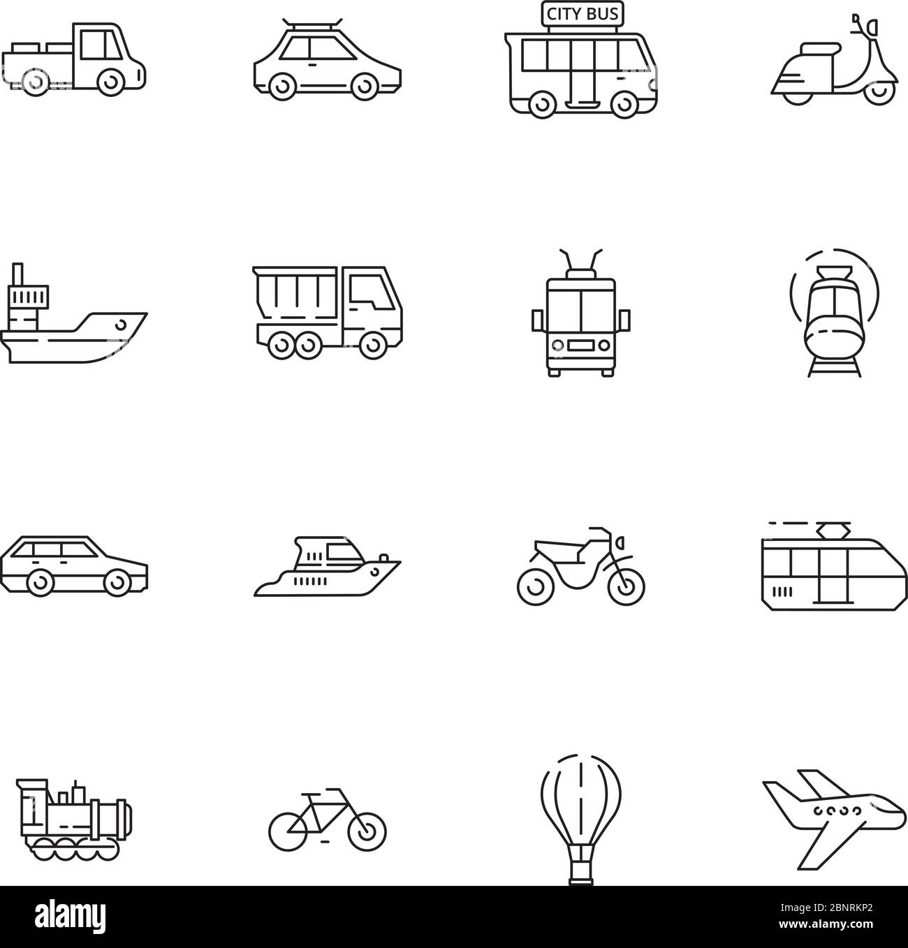Public transport icons. Cars planes trains boats urban vehicles thin line collection symbols Stock Vector