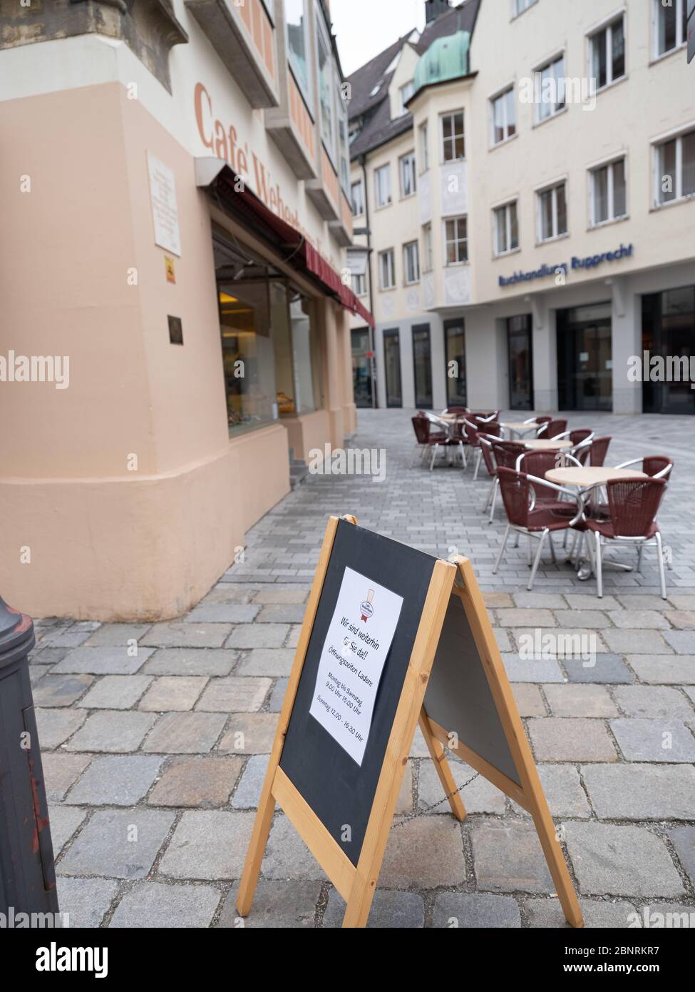 Cafe with bakery at the time of the corona virus and exit restriction, Kaufbeuren, Bavaria Stock Photo