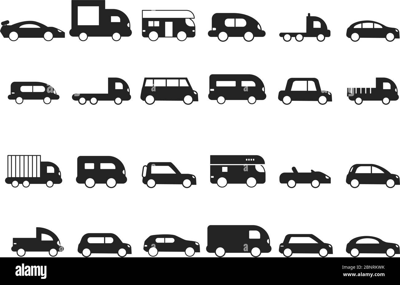 Car icons. Pictograms of black transport truck suv minivan vector silhouettes isolated Stock Vector